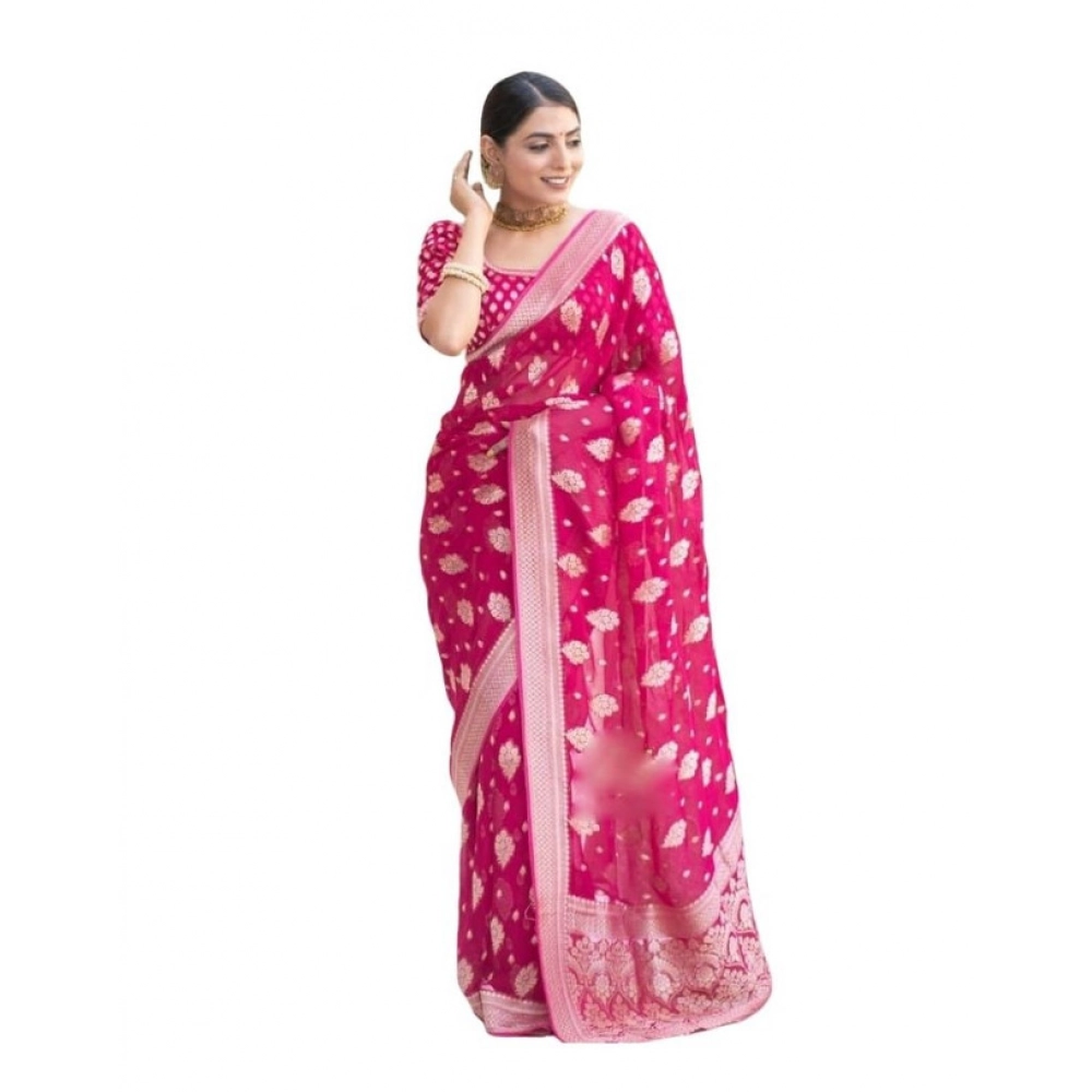 Women's Soft Lichi Silk Printed Saree with Blouse – Pink