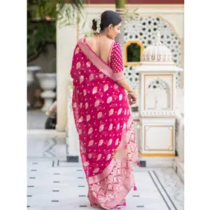 Women's Soft Lichi Silk Printed Saree with Blouse – Pink