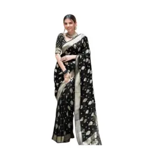 Women's Soft Lichi Silk Printed Saree with Blouse – Black