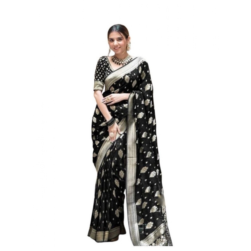 Women's Soft Lichi Silk Printed Saree with Blouse – Black