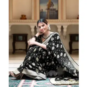 Women's Soft Lichi Silk Printed Saree with Blouse – Black