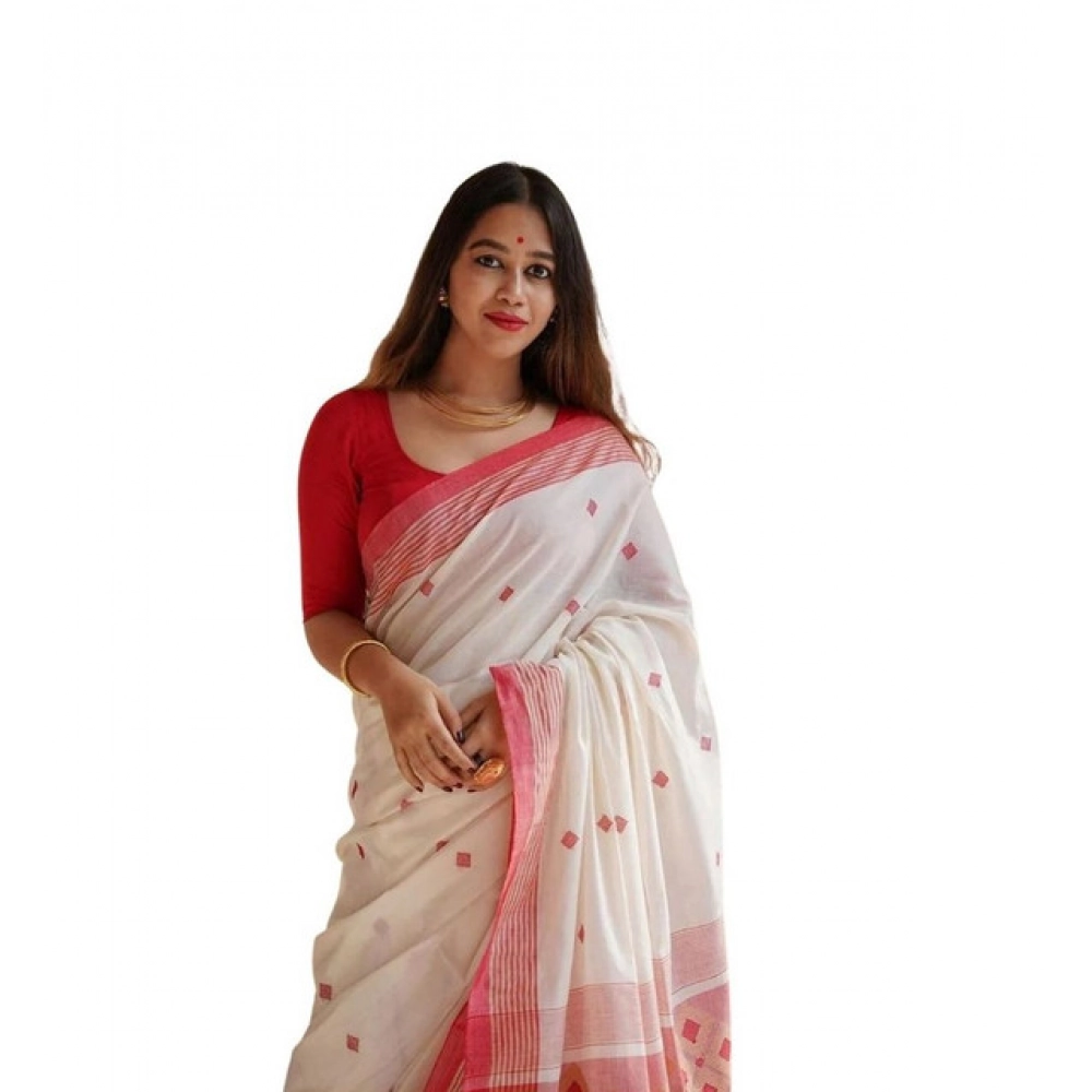 Women's Soft Lilan Printed Saree with Blouse – White