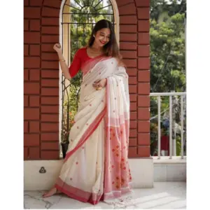 Women's Soft Lilan Printed Saree with Blouse – White