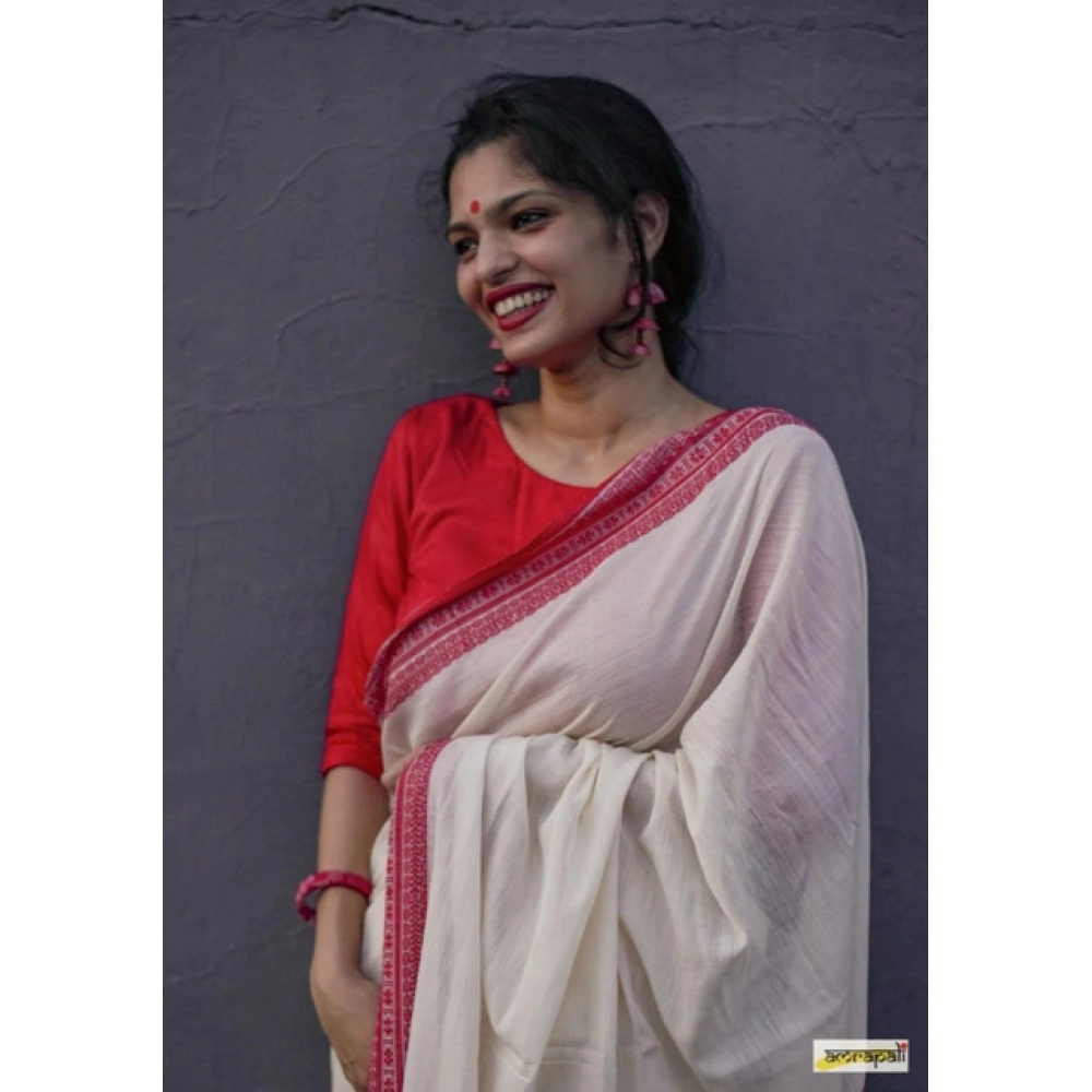 Women's Soft Lilan Printed Saree with Blouse – White