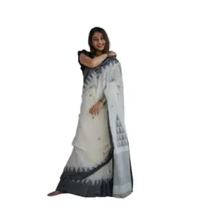 Women's Soft Lilan Printed Saree with Blouse – White-Black