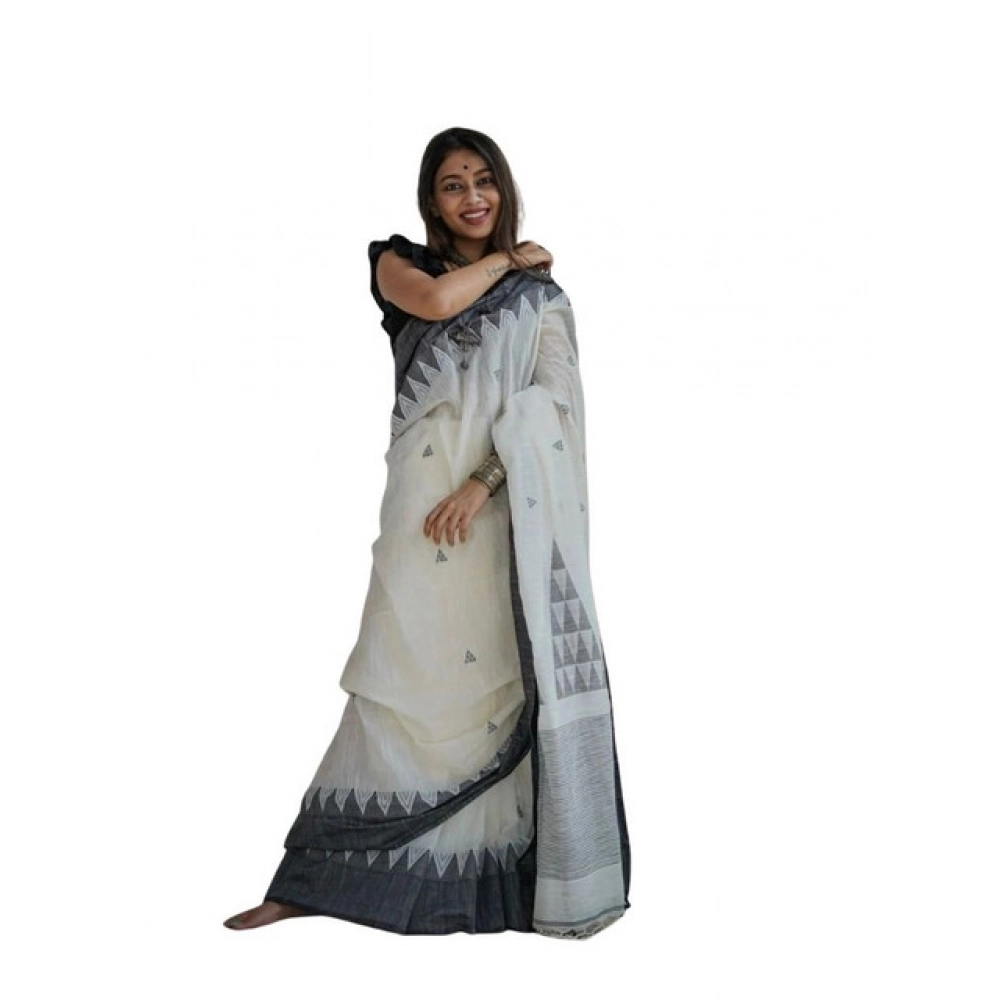 Women's Soft Lilan Printed Saree with Blouse – White-Black