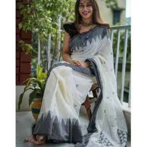 Women's Soft Lilan Printed Saree with Blouse – White-Black