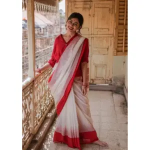Women's Soft Lilan Printed Saree with Blouse – White