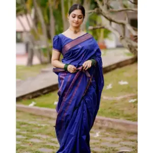 Women's Soft Lichi Silk Printed Saree with Blouse – Blue