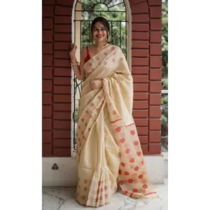 Women's Soft Lilan Printed Saree with Blouse – Cream