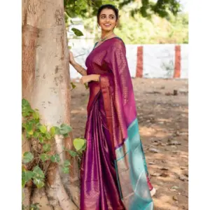 Women's Soft Lichi Silk Printed Saree with Blouse – Purple