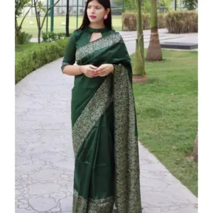 Women's Soft Lichi Silk Printed Saree with Blouse – Green