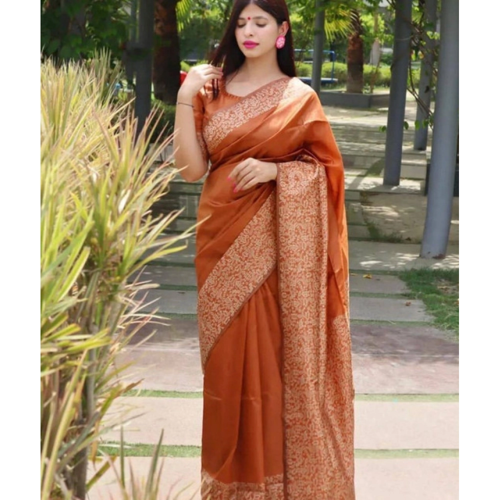 Women's Soft Lichi Silk Printed Saree with Blouse – Brown