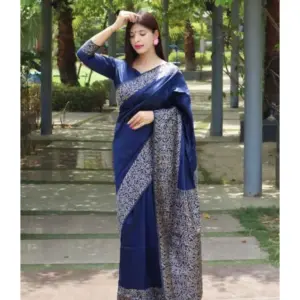 Women's Soft Lichi Silk Printed Saree with Blouse – Blue
