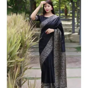 Women's Soft Lichi Silk Printed Saree with Blouse – Black