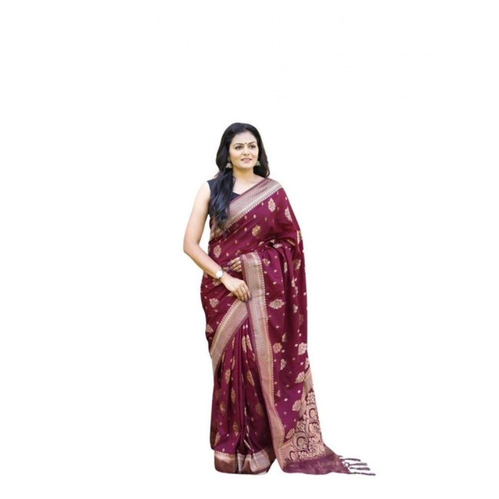 Women's Soft Lichi Silk Printed Saree with Blouse – Wine