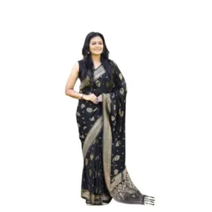 Women's Soft Lichi Silk Printed Saree with Blouse – Black