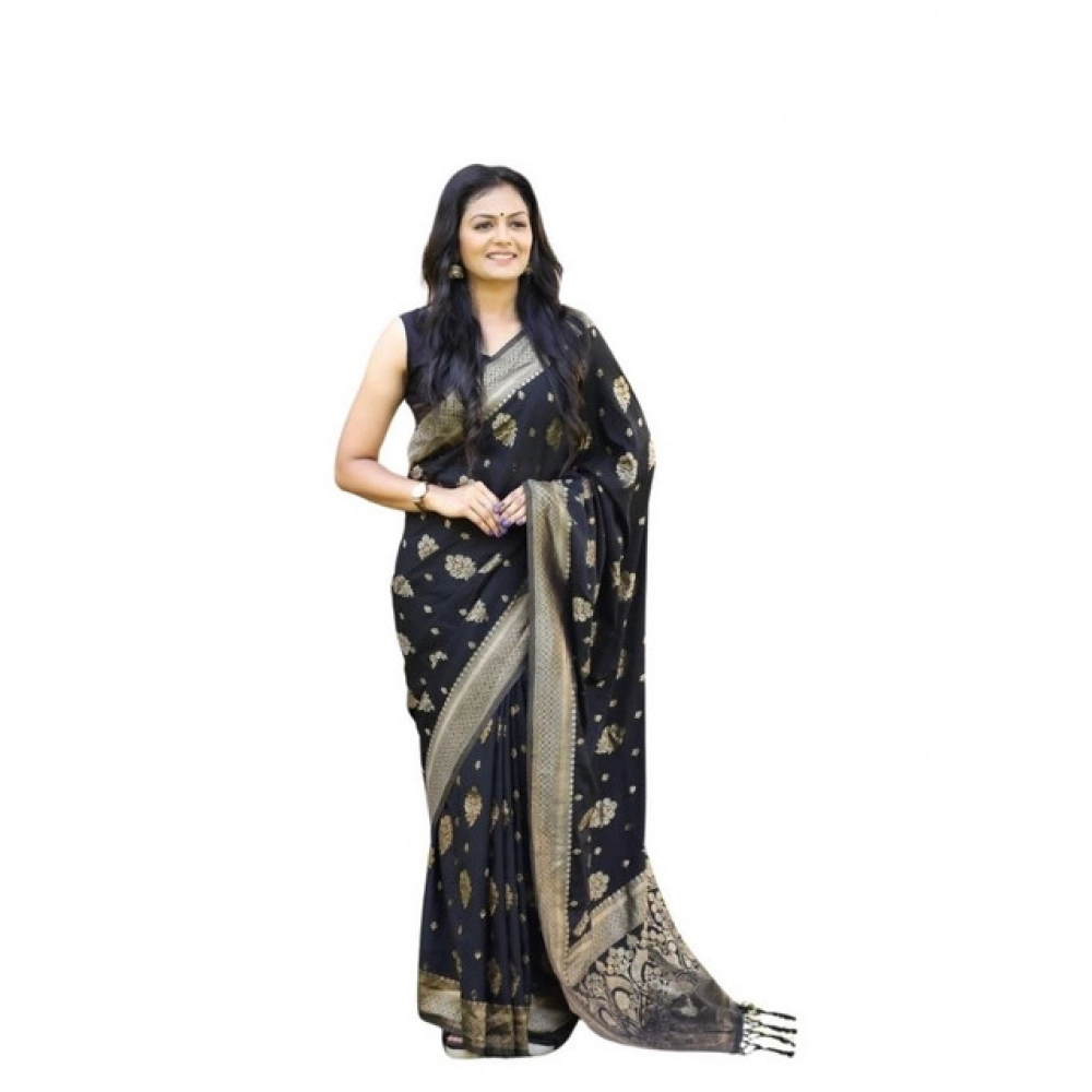 Women's Soft Lichi Silk Printed Saree with Blouse – Black