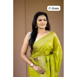 Women's Soft Lichi Silk Printed Saree with Blouse – Green
