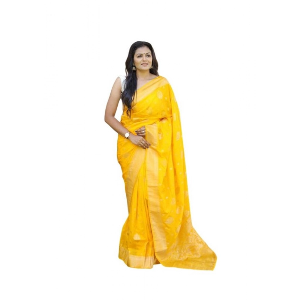 Women's Soft Lichi Silk Printed Saree with Blouse – Yellow