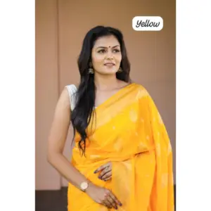 Women's Soft Lichi Silk Printed Saree with Blouse – Yellow