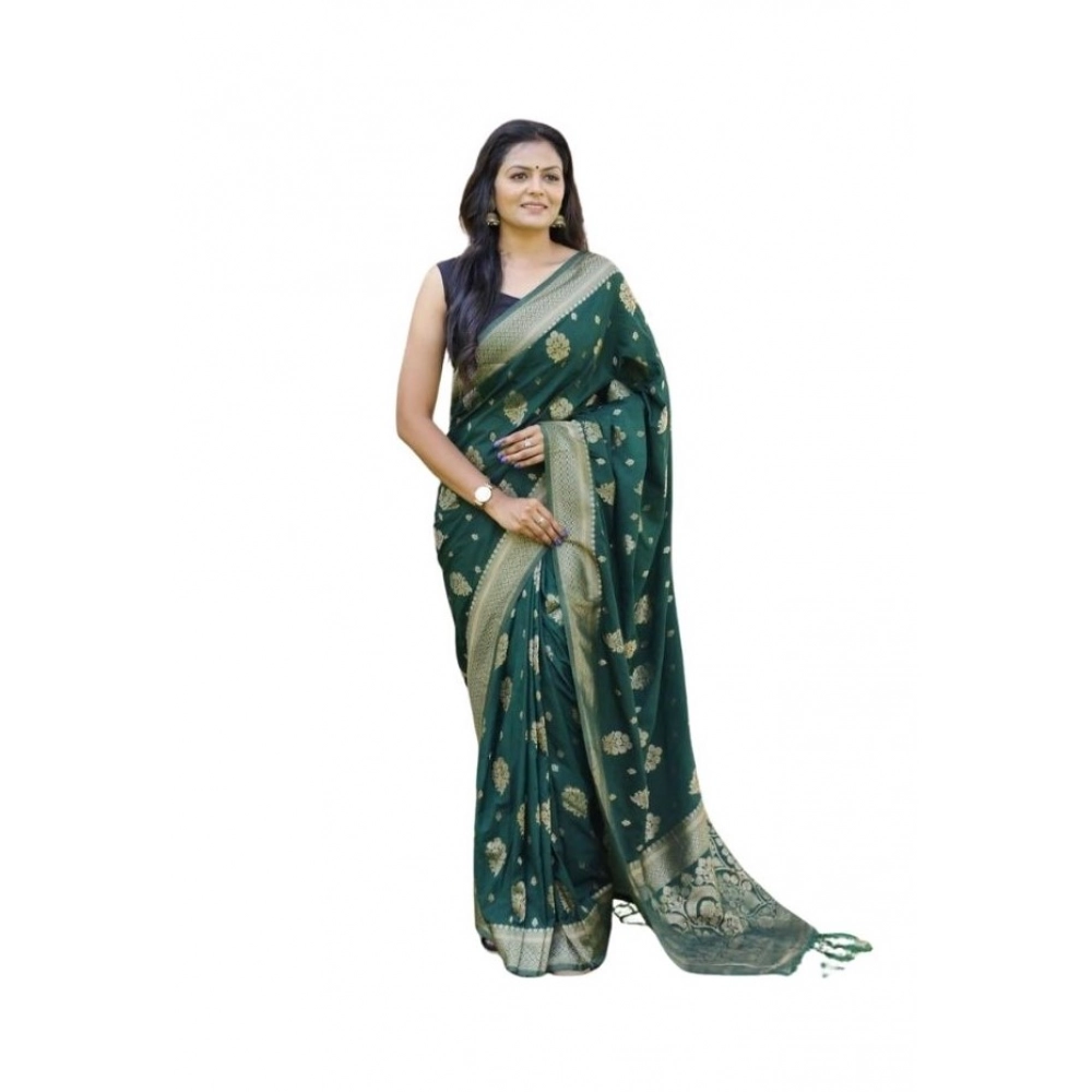 Women's Soft Lichi Silk Printed Saree with Blouse – Bottle Green