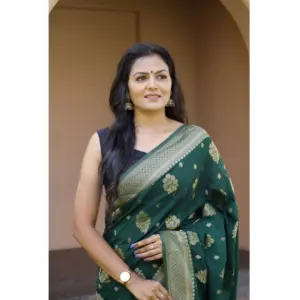 Women's Soft Lichi Silk Printed Saree with Blouse – Bottle Green