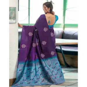 Women's Soft Lichi Silk Printed Saree with Blouse – Blue