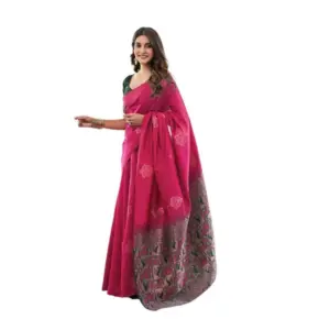 Women's Soft Lichi Silk Printed Saree with Blouse – Pink