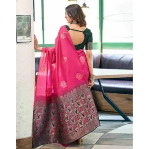 Women's Soft Lichi Silk Printed Saree with Blouse – Pink