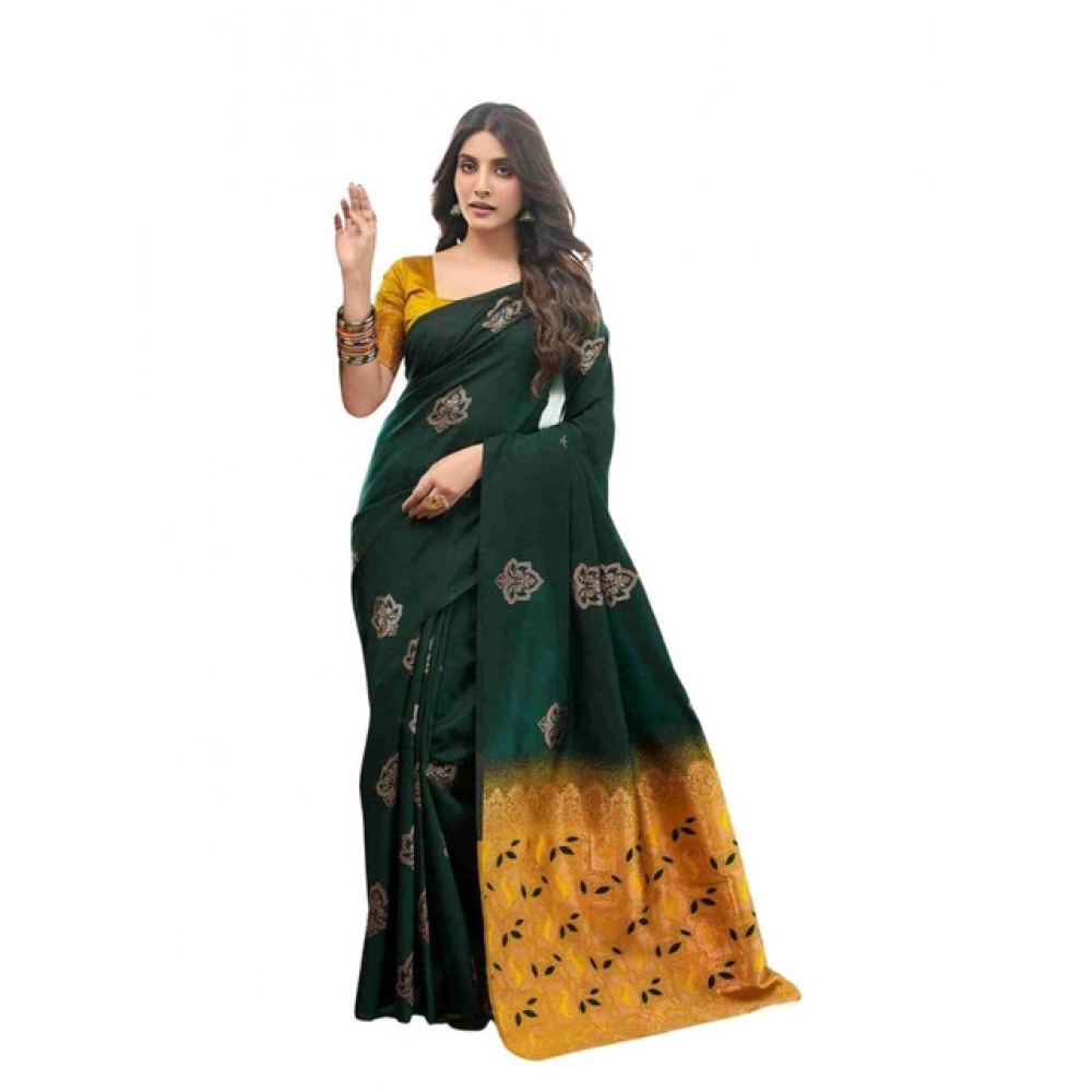 Women's Soft Lichi Silk Printed Saree with Blouse – Green