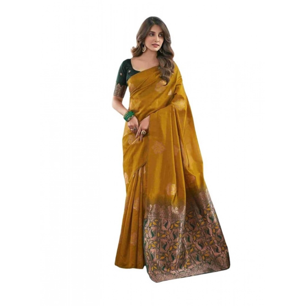 Women's Soft Lichi Silk Printed Saree with Blouse – Mustard
