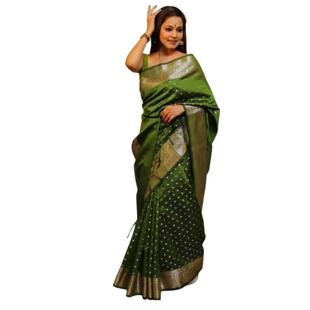 Women's Soft Lichi Silk Printed Saree with Blouse – Green