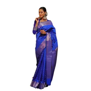 Women's Soft Lichi Silk Printed Saree with Blouse – Blue