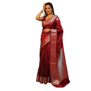 Women's Soft Lichi Silk Printed Saree with Blouse – Maroon