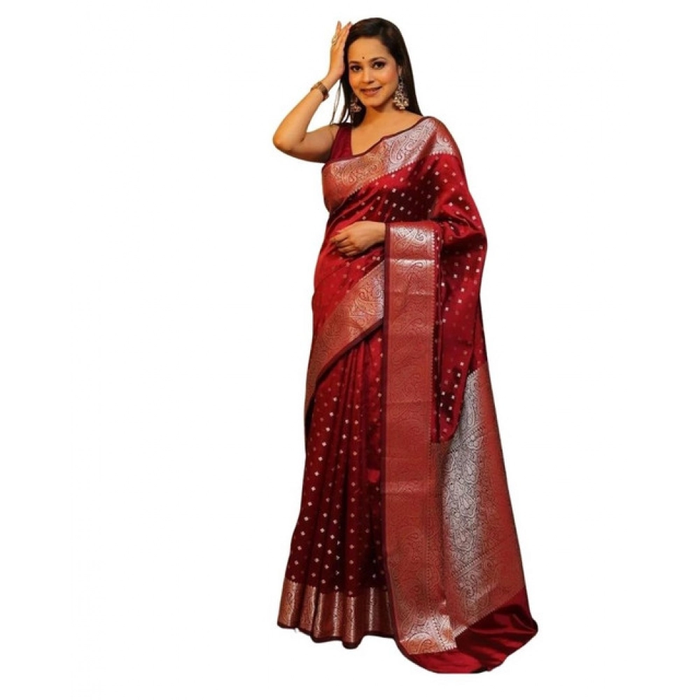 Women's Soft Lichi Silk Printed Saree with Blouse – Maroon