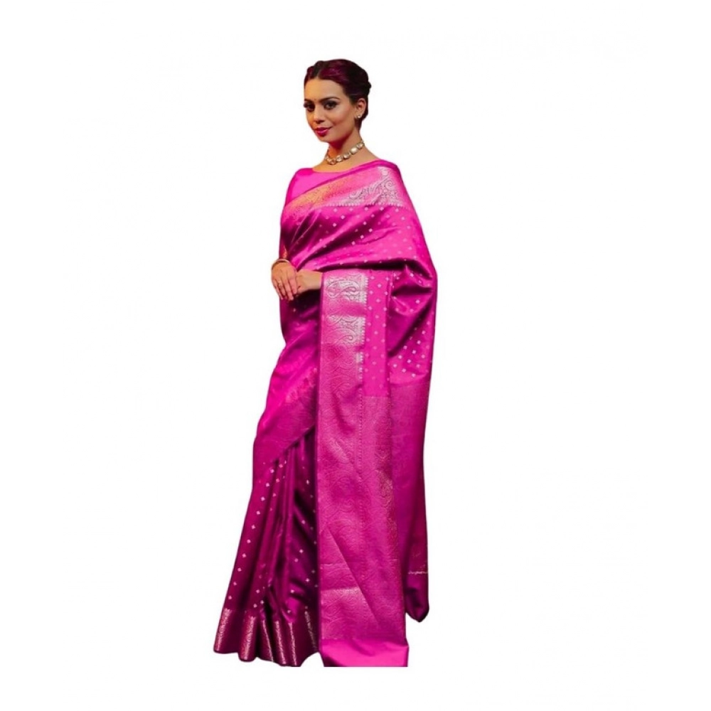 Women's Soft Lichi Silk Printed Saree with Blouse – Pink