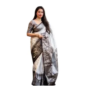 Women's Soft Lichi Silk Printed Saree with Blouse – Off White