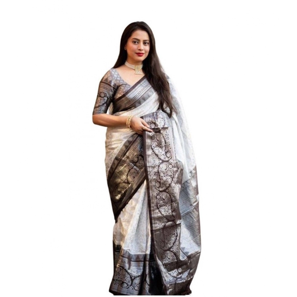 Women's Soft Lichi Silk Printed Saree with Blouse – Off White
