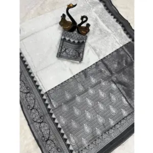 Women's Soft Lichi Silk Printed Saree with Blouse – Off White