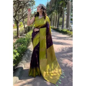 Women's Soft Lichi Silk Printed Saree with Blouse – Purple