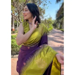 Women's Soft Lichi Silk Printed Saree with Blouse – Purple