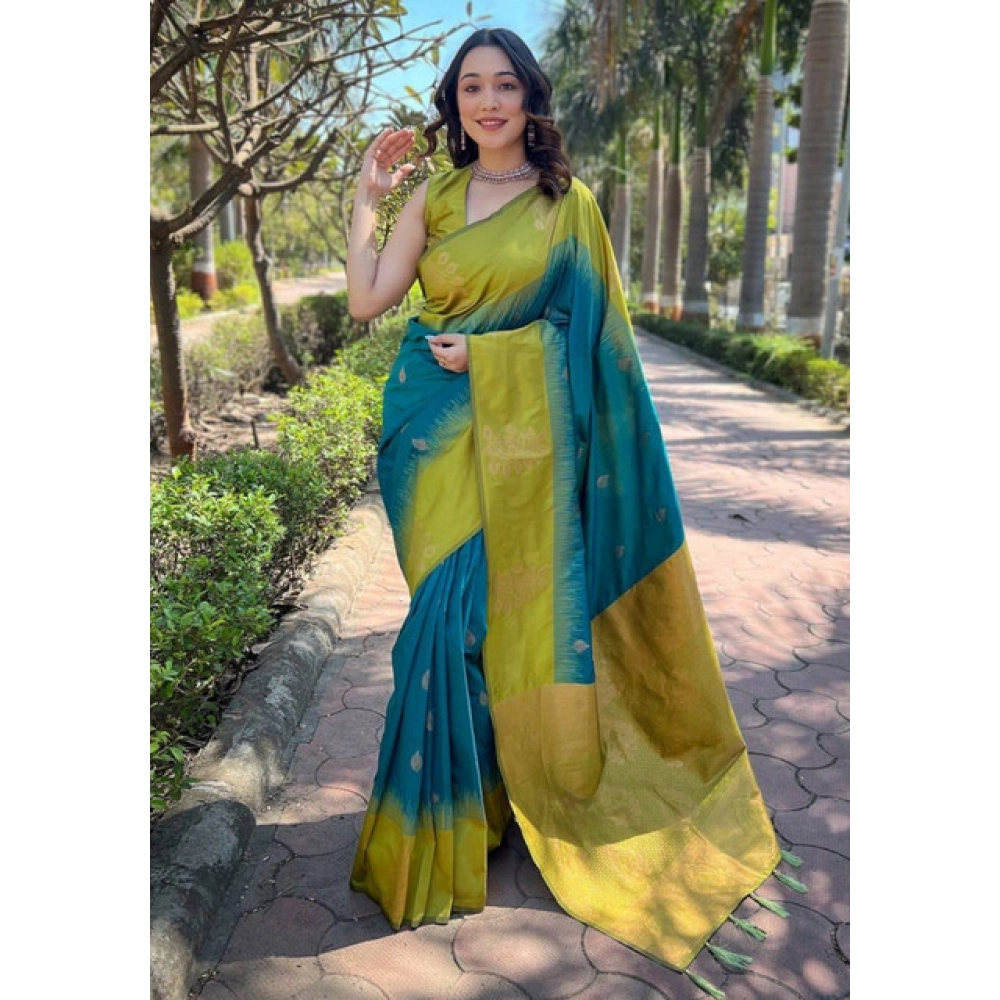 Women's Soft Lichi Silk Printed Saree with Blouse – Green