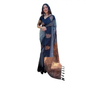 Women's Soft Lichi Silk Printed Saree with Blouse – Grey