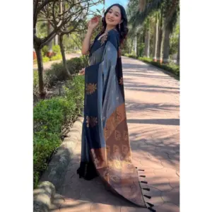 Women's Soft Lichi Silk Printed Saree with Blouse – Grey
