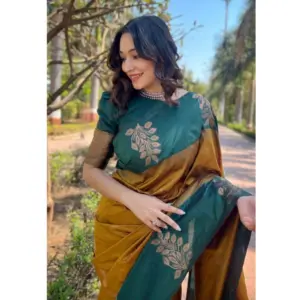 Women's Soft Lichi Silk Printed Saree with Blouse – Mustard