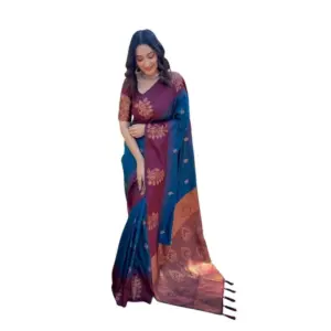 Women's Soft Lichi Silk Printed Saree with Blouse – Blue