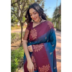 Women's Soft Lichi Silk Printed Saree with Blouse – Blue