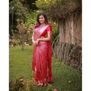 Women's Soft Lichi Silk Printed Saree with Blouse – Pink