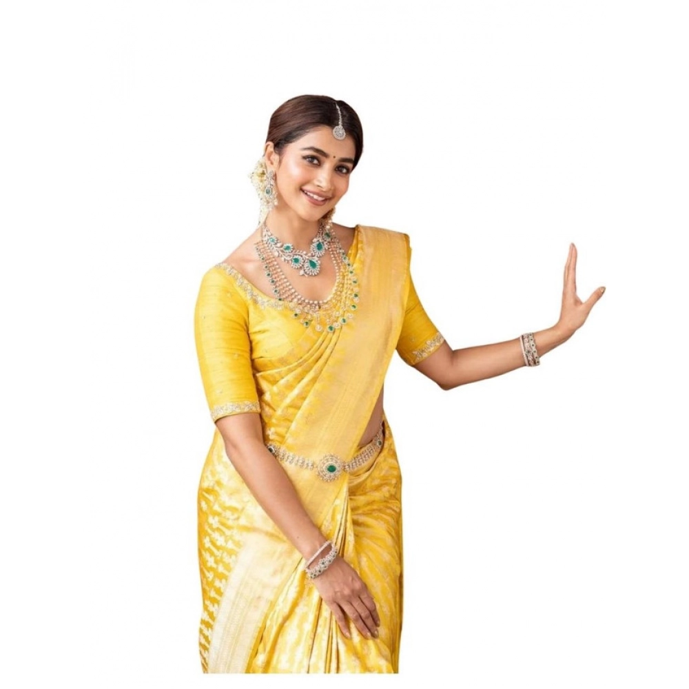Women's Soft Lichi Silk Printed Saree with Blouse – Yellow